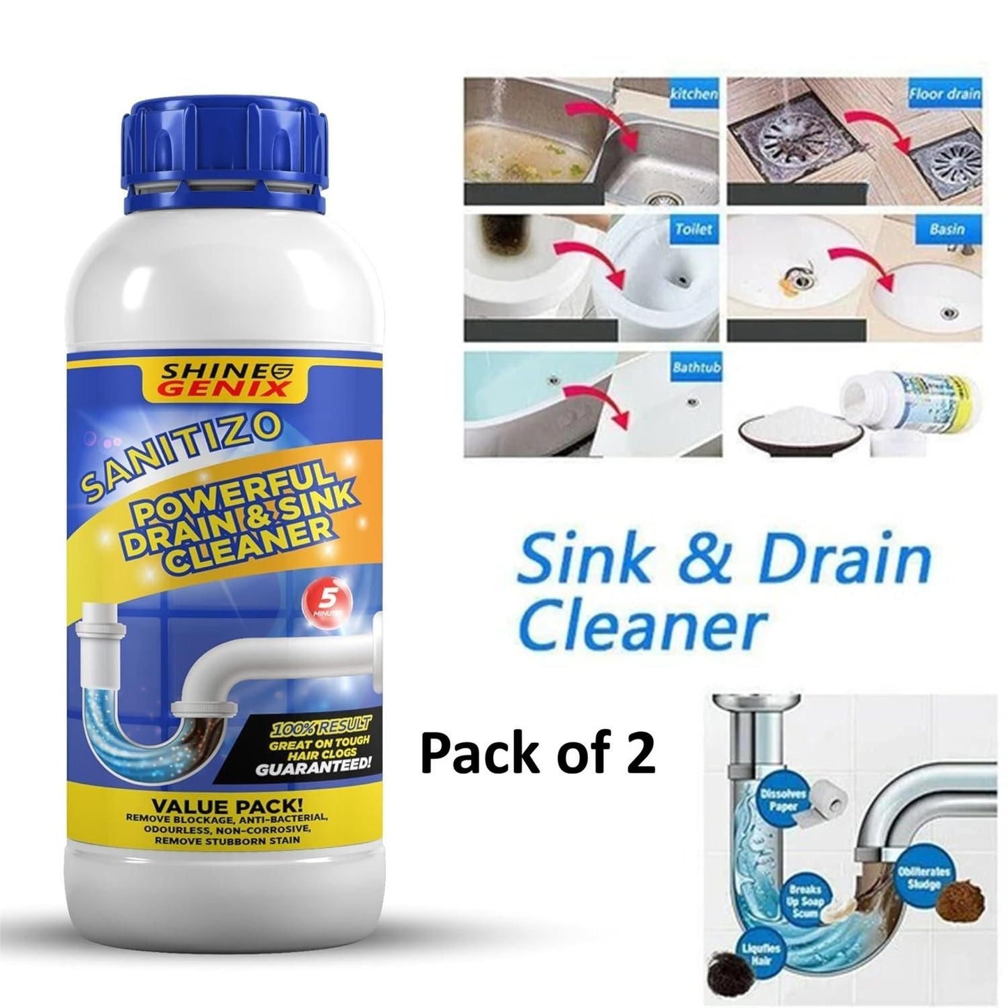 Sanitizo Powerful Drain & Sink Cleaner Powder 250 gm (Pack of 2)